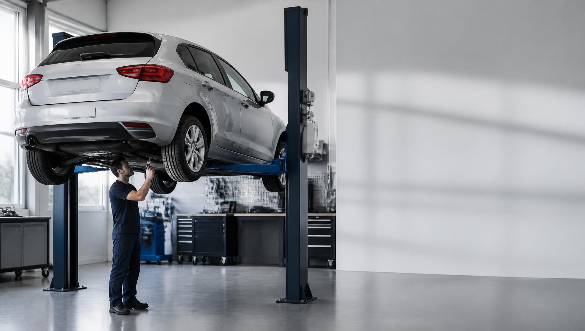 Mechanik kontroluje podvozek osobního vozu na zvedáku v autoservisu