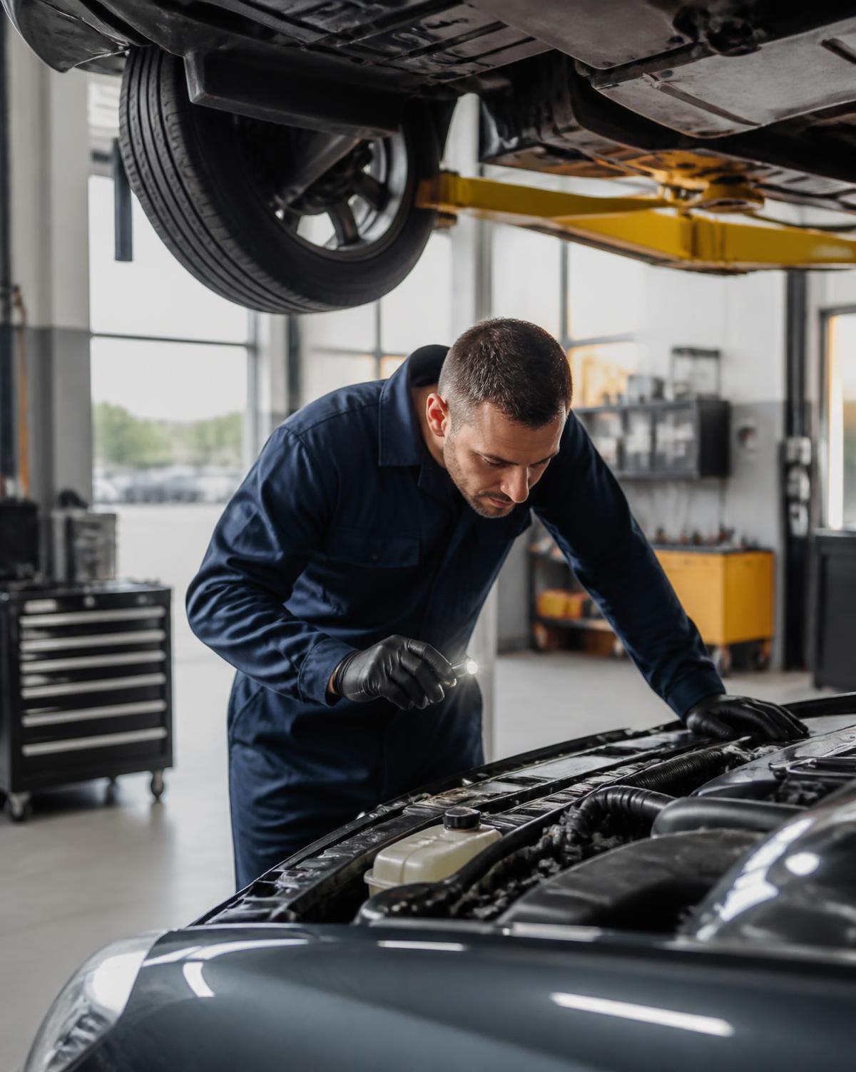 Mechanik kontroluje motorový prostor vozu v dílně autoservisu